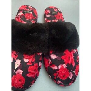 Victorias Secret Red Floral Faux-Fur Slide Slippers medium retro fuzzy A17